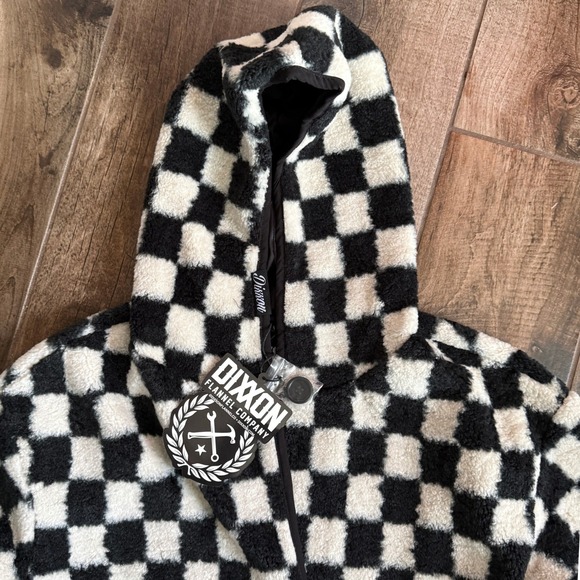 DIXXON Flannel Co Women's Checkered Hooded Sherpa Cardigan, Black White, L(NWT) - Picture 5 of 10
